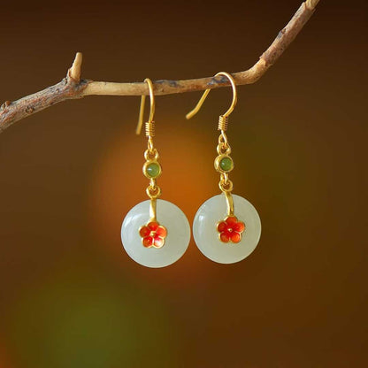 925 Silver Inlaid White Hetian Nephrite "Peace Buckle on Plum Branch" Dangle Earrings - jewelry - weilin.com