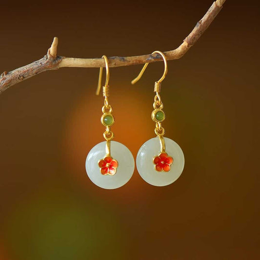 925 Silver Inlaid White Hetian Nephrite "Peace Buckle on Plum Branch" Dangle Earrings - jewelry - weilin.com