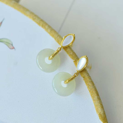 925 Silver Inlaid White Hetian Nephrite Peace Ring with Mother of Pearl Stud Earrings - jewelry - weilin.com