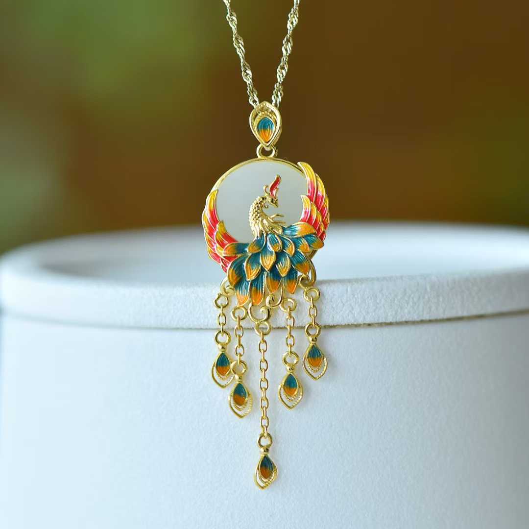 925 Silver Inlaid White Hetian Nephrite "Phoenix Nirvana" Tassel Pendant - jewelry - weilin.com