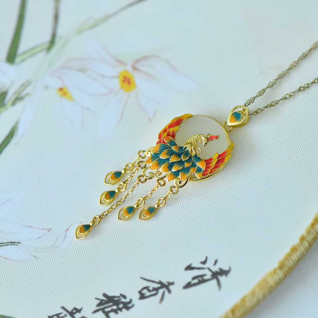 925 Silver Inlaid White Hetian Nephrite "Phoenix Nirvana" Tassel Pendant - jewelry - weilin.com