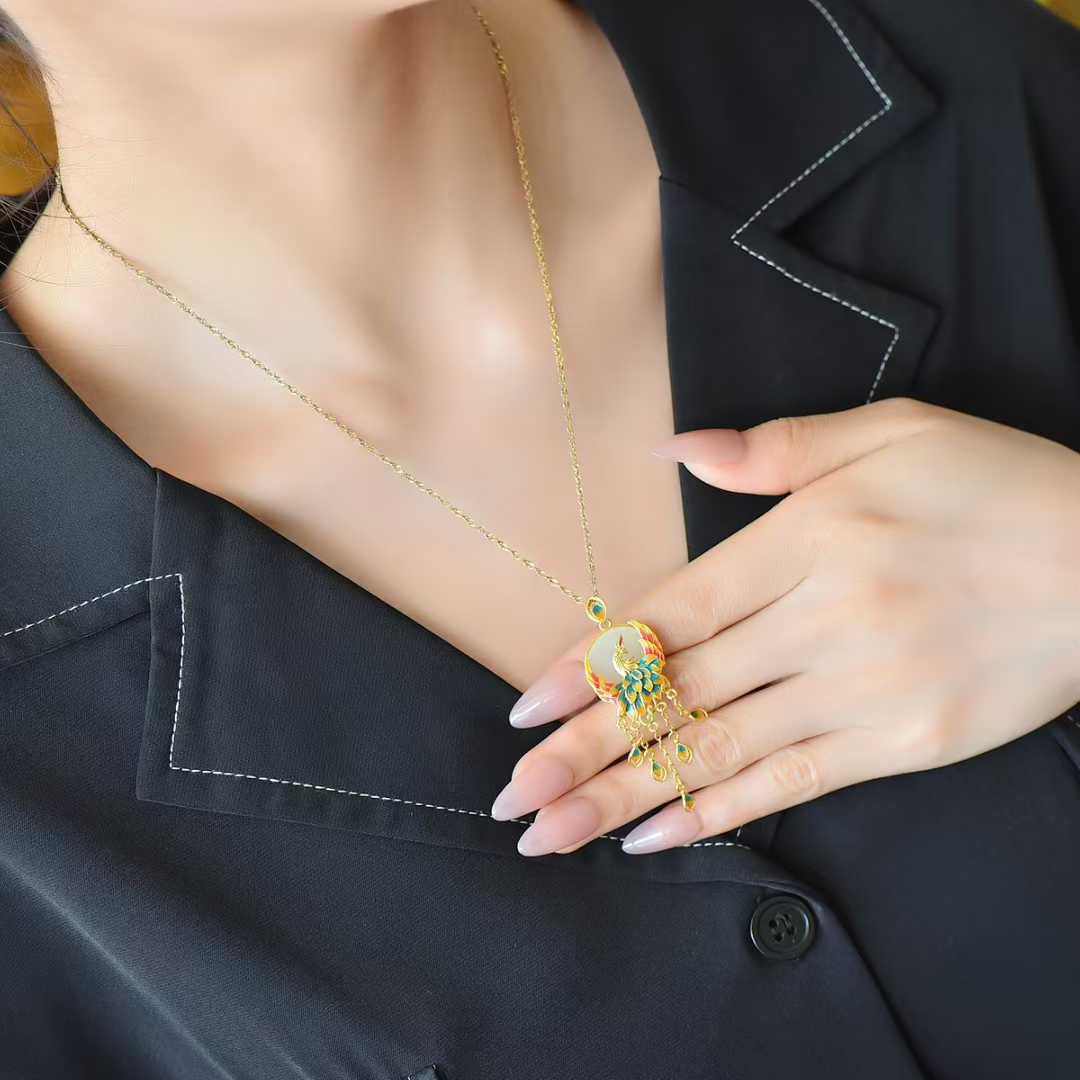925 Silver Inlaid White Hetian Nephrite "Phoenix Nirvana" Tassel Pendant - jewelry - weilin.com