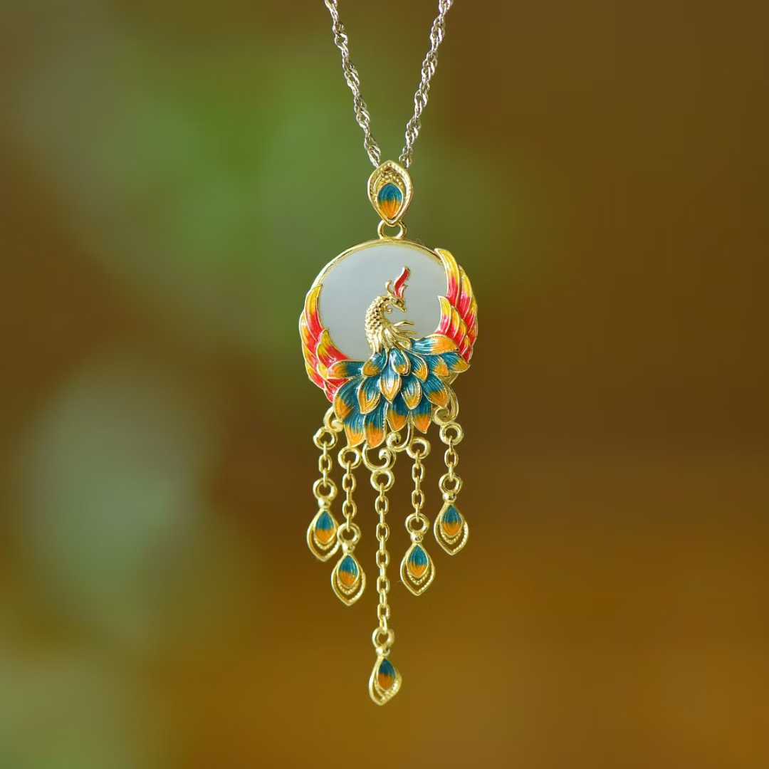 925 Silver Inlaid White Hetian Nephrite "Phoenix Nirvana" Tassel Pendant - jewelry - weilin.com