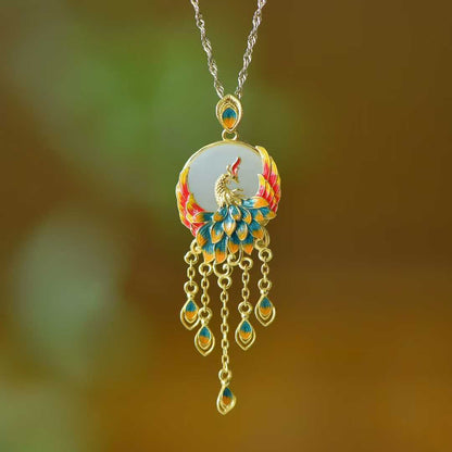 925 Silver Inlaid White Hetian Nephrite "Phoenix Nirvana" Tassel Pendant - jewelry - weilin.com