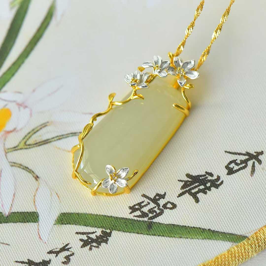 925 Silver Inlaid White Hetian Nephrite "Plum Blossom Against Snow" Peace Pendant - jewelry - weilin.com