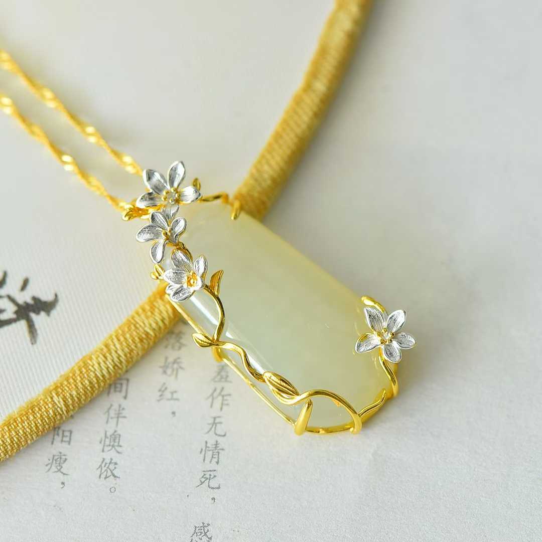 925 Silver Inlaid White Hetian Nephrite "Plum Blossom Against Snow" Peace Pendant - jewelry - weilin.com