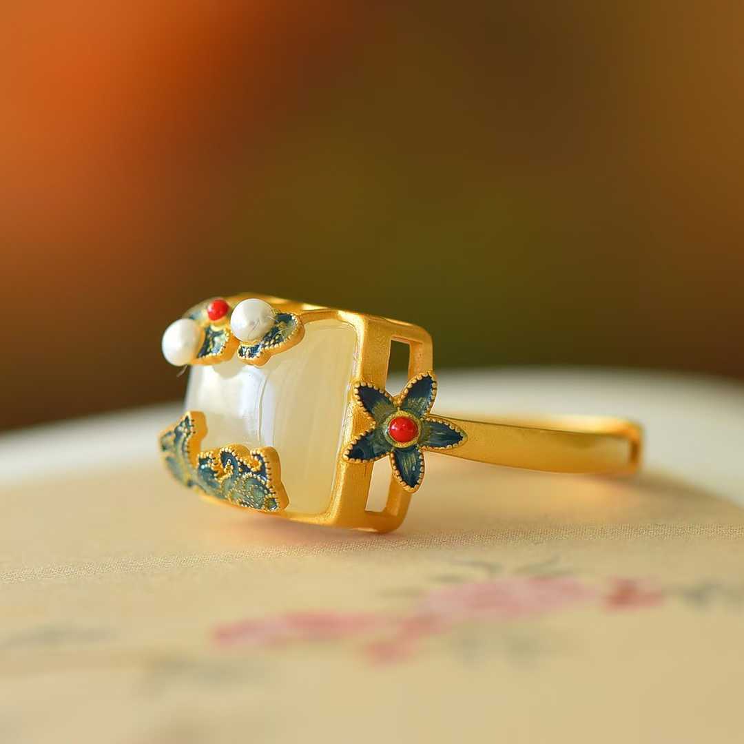 925 Silver Inlaid White Hetian Nephrite "Square Auspicious Clouds & Radiance" Enamel Ring - jewelry - weilin.com