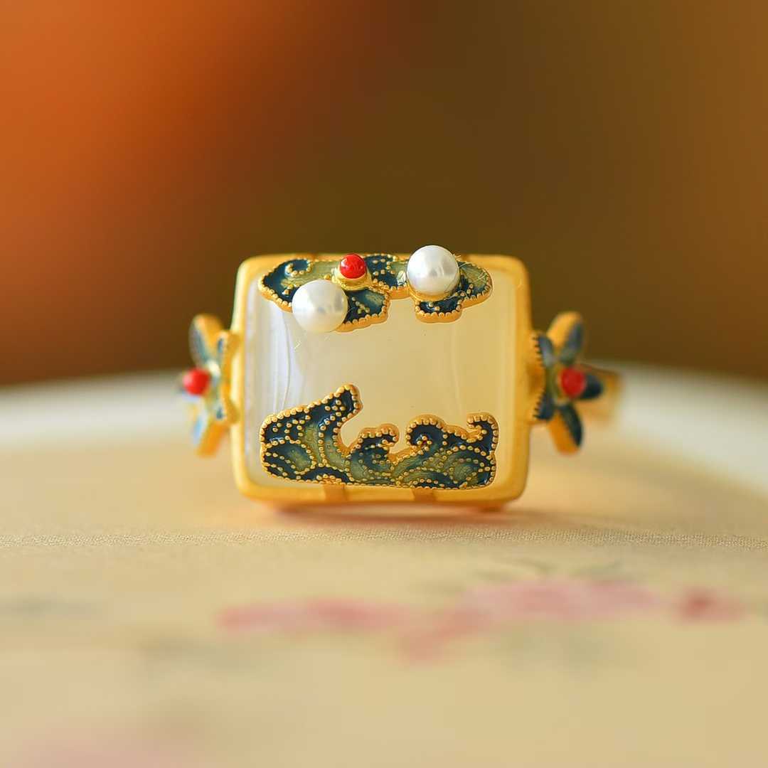 925 Silver Inlaid White Hetian Nephrite "Square Auspicious Clouds & Radiance" Enamel Ring - jewelry - weilin.com