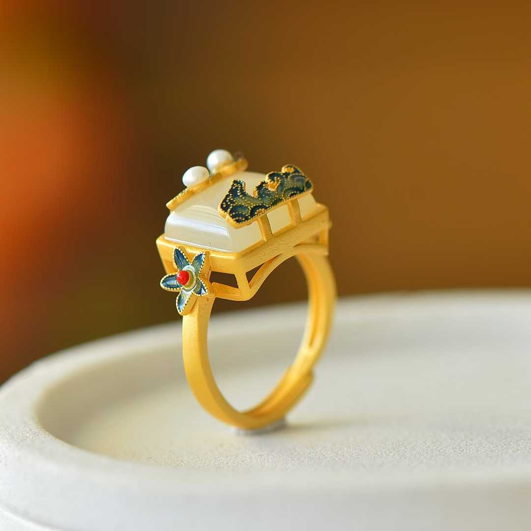 925 Silver Inlaid White Hetian Nephrite "Square Auspicious Clouds & Radiance" Enamel Ring - jewelry - weilin.com
