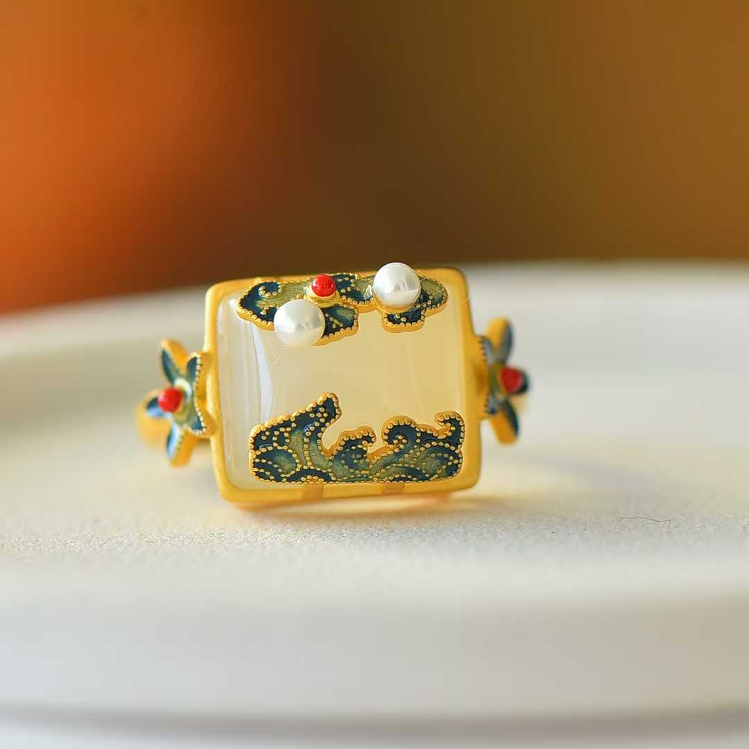 925 Silver Inlaid White Hetian Nephrite "Square Auspicious Clouds & Radiance" Enamel Ring - jewelry - weilin.com
