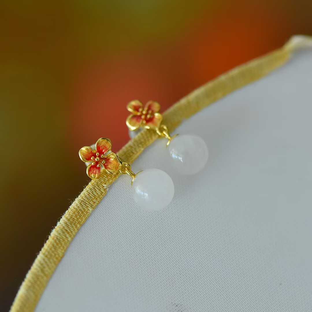 925 Silver Inlaid White Jade Bead "Peach Blossom" Earrings - jewelry - weilin.com