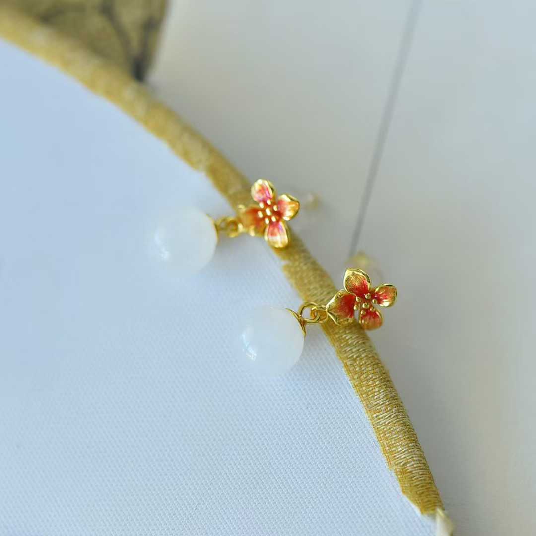 925 Silver Inlaid White Jade Bead "Peach Blossom" Earrings - jewelry - weilin.com