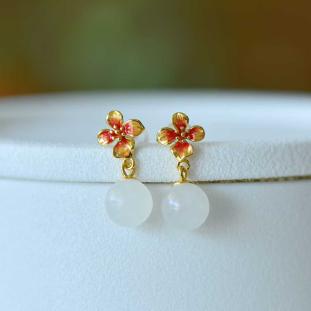 925 Silver Inlaid White Jade Bead "Peach Blossom" Earrings - jewelry - weilin.com
