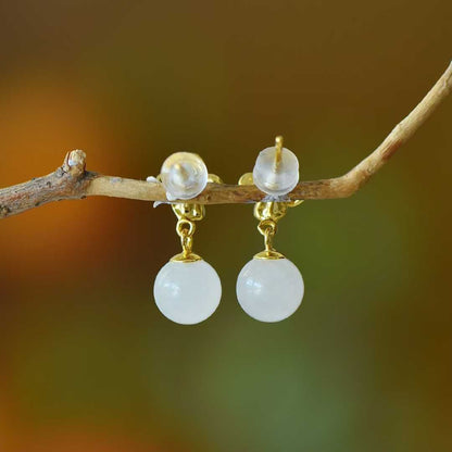 925 Silver Inlaid White Jade Bead "Peach Blossom" Earrings - jewelry - weilin.com