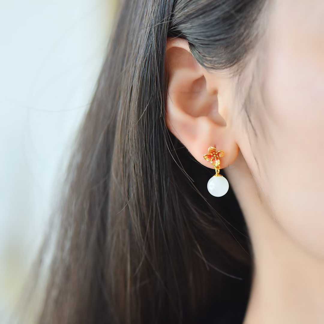925 Silver Inlaid White Jade Bead "Peach Blossom" Earrings - jewelry - weilin.com