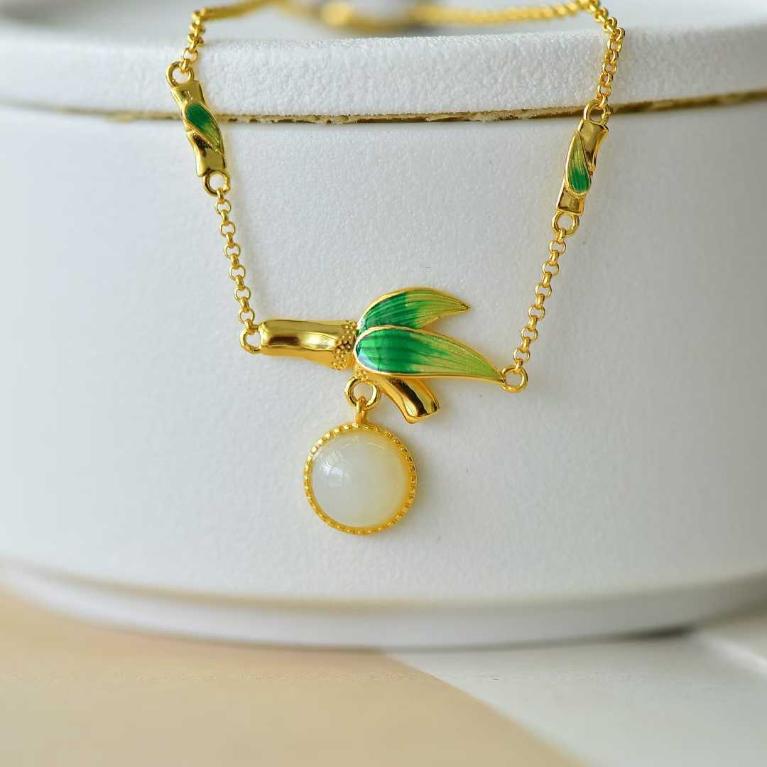 925 Sterling Silver Enamel Hetian Jade Bamboo Rising Step by Step Bracelet - Jewelry Weilin