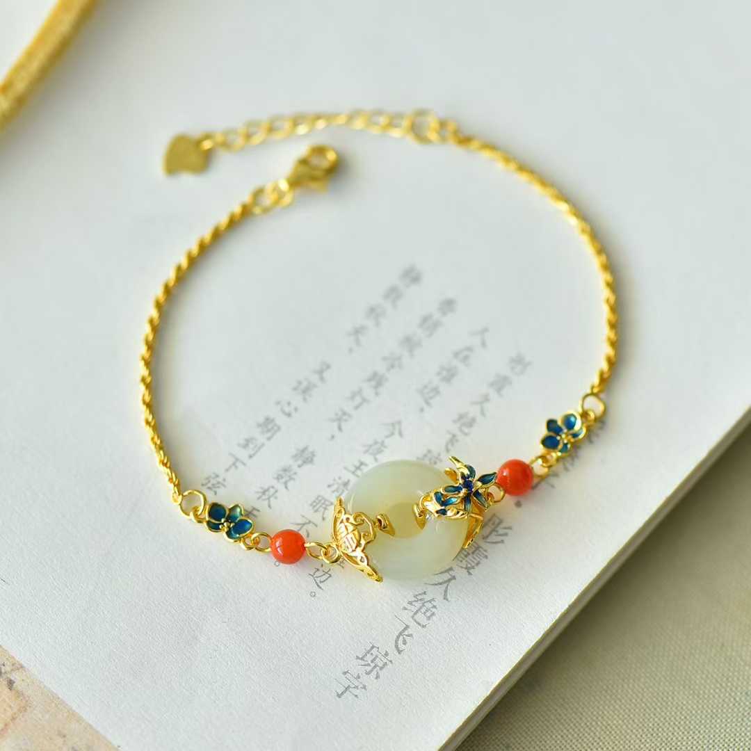 925 Sterling Silver Enamel Hetian Jade Magnolia Blooming Peace Circle Bracelet - Jewelry Weilin
