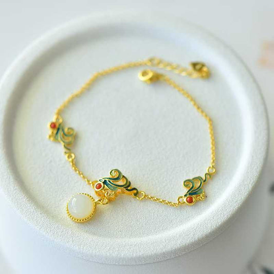 925 Sterling Silver Enamel Hetian Jade Phoenix Tail Bracelet - Jewelry Weilin