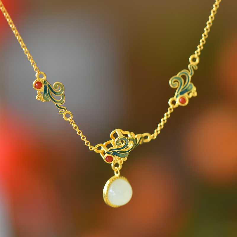 925 Sterling Silver Enamel Hetian Jade Phoenix Tail Bracelet - Jewelry Weilin