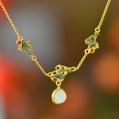 925 Sterling Silver Enamel Hetian Jade Phoenix Tail Bracelet - Jewelry Weilin