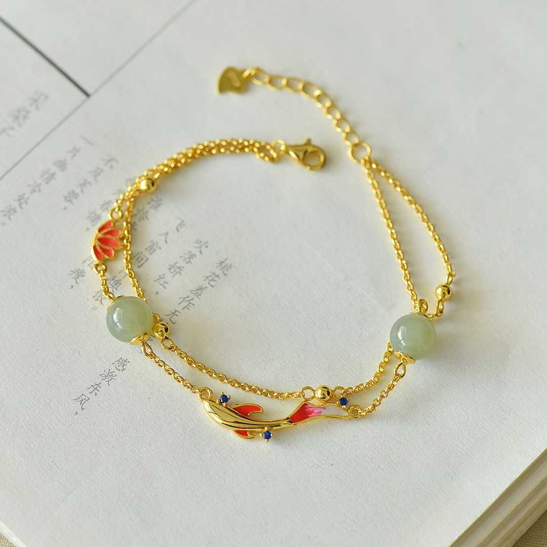 925 Sterling Silver Enamel Hetian Jade Qingshui Koi Exquisite Bracelet - Jewelry Weilin