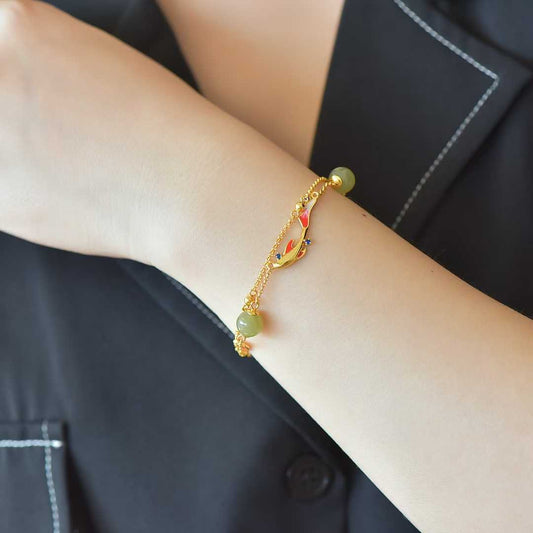 925 Sterling Silver Enamel Hetian Jade Qingshui Koi Exquisite Bracelet - Jewelry Weilin