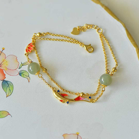 925 Sterling Silver Enamel Hetian Jade Qingshui Koi Exquisite Bracelet - Jewelry Weilin