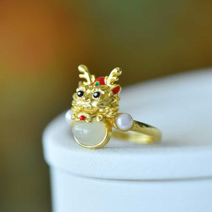 925 Sterling Silver Hetian Jade Cabochon Auspicious Dragon Ring - Jewelry Weilin
