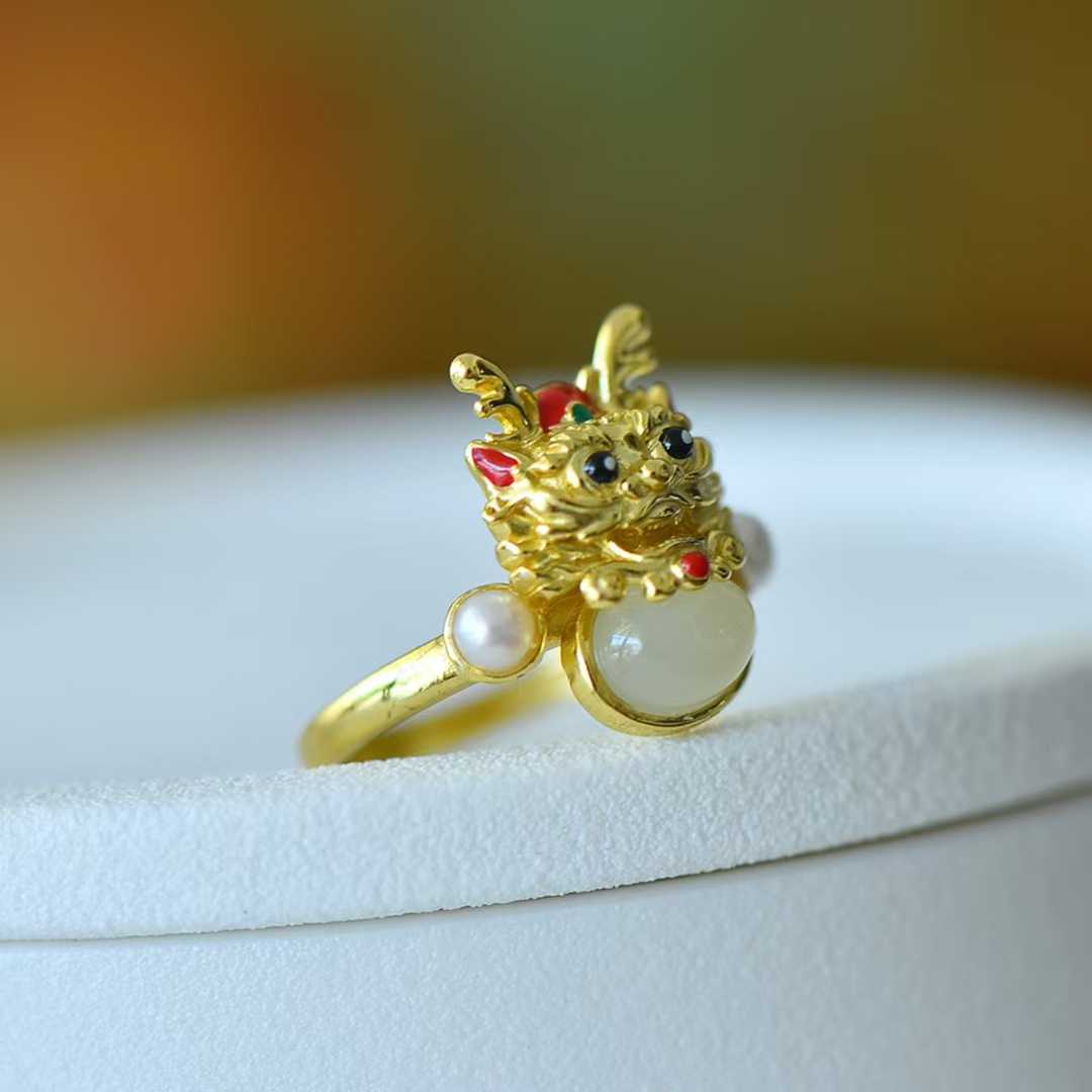 925 Sterling Silver Hetian Jade Cabochon Auspicious Dragon Ring - Jewelry Weilin