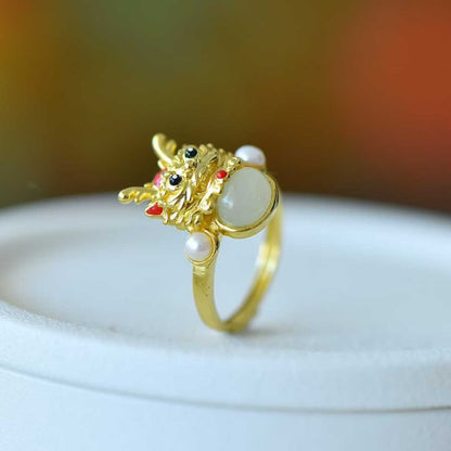 925 Sterling Silver Hetian Jade Cabochon Auspicious Dragon Ring - Jewelry Weilin