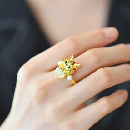925 Sterling Silver Hetian Jade Cabochon Auspicious Dragon Ring - Jewelry Weilin