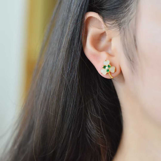 925 Sterling Silver Hetian Jade Heart - Shaped Three - Petal Flower Mosaic Earrings - Jewelry Weilin