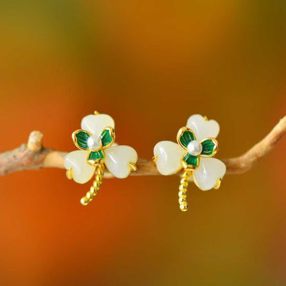 925 Sterling Silver Hetian Jade Heart - Shaped Three - Petal Flower Mosaic Earrings - Jewelry Weilin