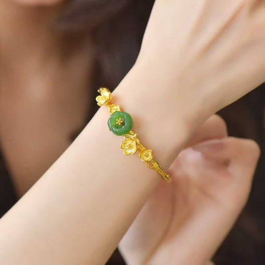 925 Sterling Silver Hetian Jade Lotus Flower Bracelet - Jewelry Weilin