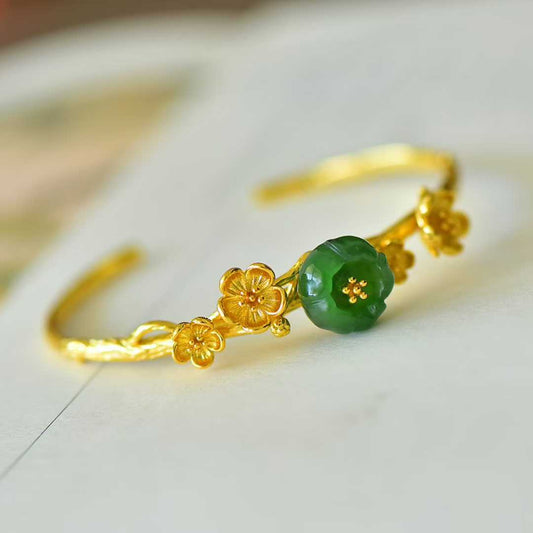 925 Sterling Silver Hetian Jade Lotus Flower Bracelet - Jewelry Weilin