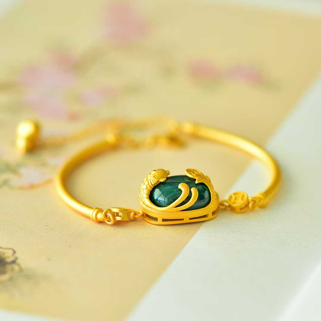 925 Sterling Silver Hetian Jade Malachite Cabochon Year After Year Abundance Bracelet - Jewelry Weilin