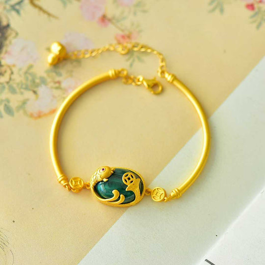 925 Sterling Silver Hetian Jade Malachite Cabochon Year After Year Abundance Bracelet - Jewelry Weilin