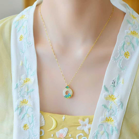 925 Sterling Silver Hetian Jade Peace Circle Thousand Miles of Rivers and Mountains Pendant - Jewelry Weilin