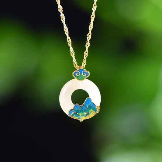 925 Sterling Silver Hetian Jade Peace Circle Thousand Miles of Rivers and Mountains Pendant - Jewelry Weilin