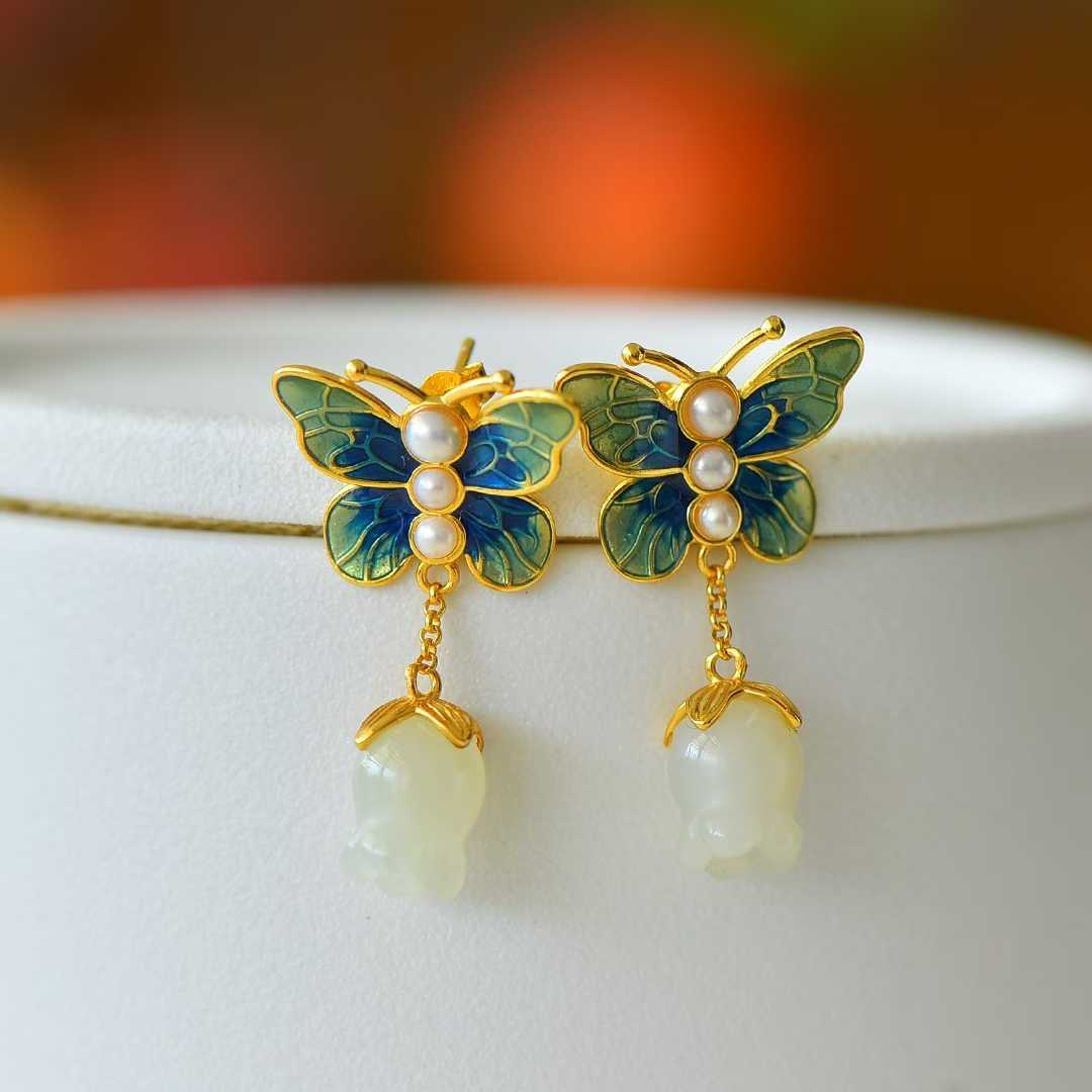 925 Sterling Silver Hetian Jade Pomegranate Flower Many Children Many Blessings Earrings - Jewelry Weilin