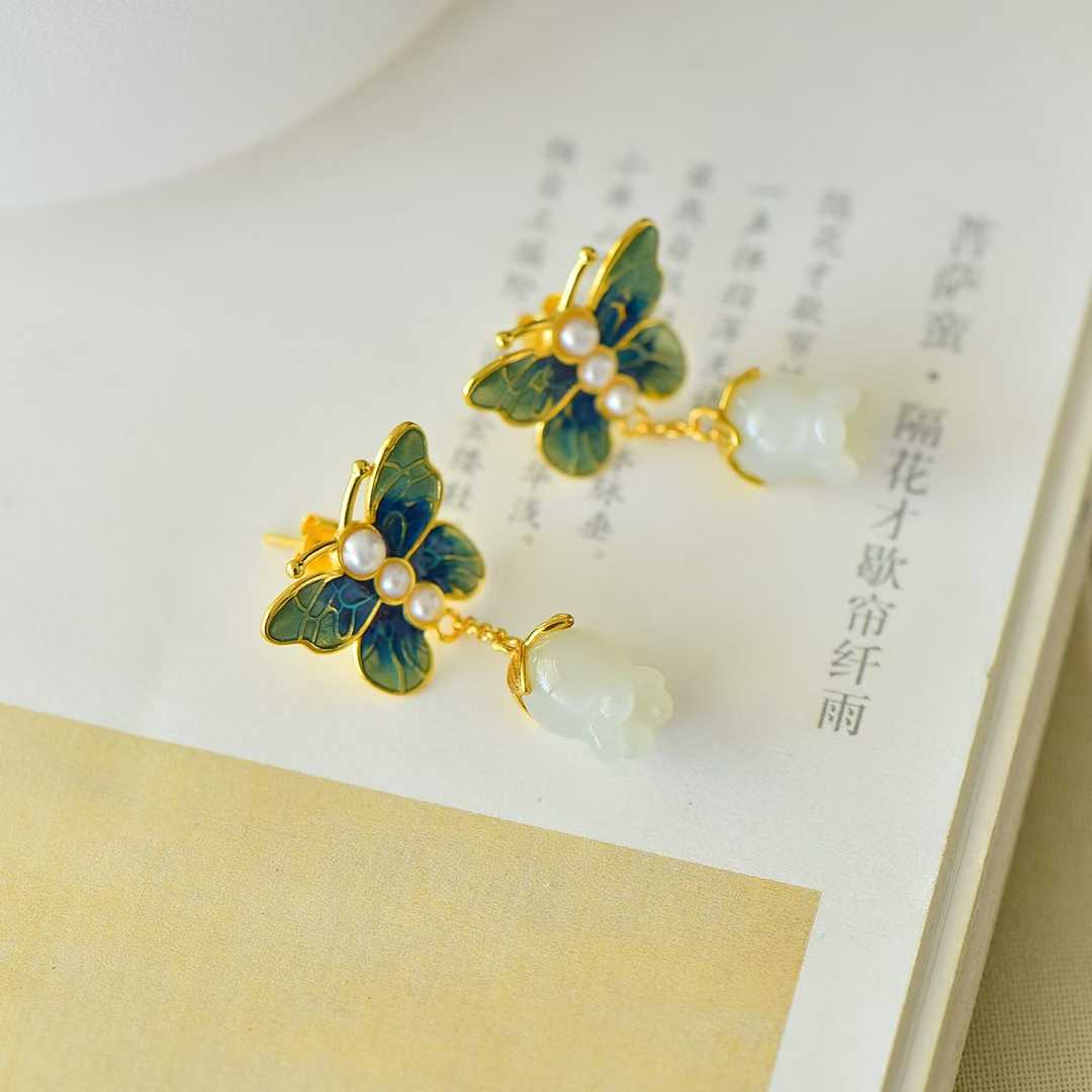 925 Sterling Silver Hetian Jade Pomegranate Flower Many Children Many Blessings Earrings - Jewelry Weilin