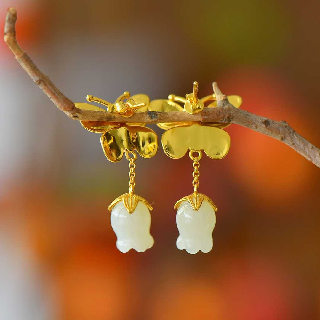 925 Sterling Silver Hetian Jade Pomegranate Flower Many Children Many Blessings Earrings - Jewelry Weilin