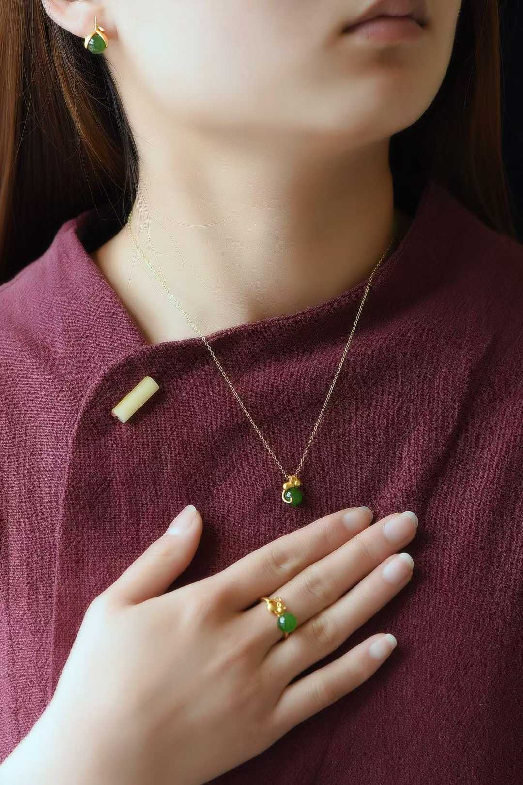 925 Sterling Silver Hetian Jade Rat Thick Matte Gold Plated Jewelry Set - Jewelry Weilin