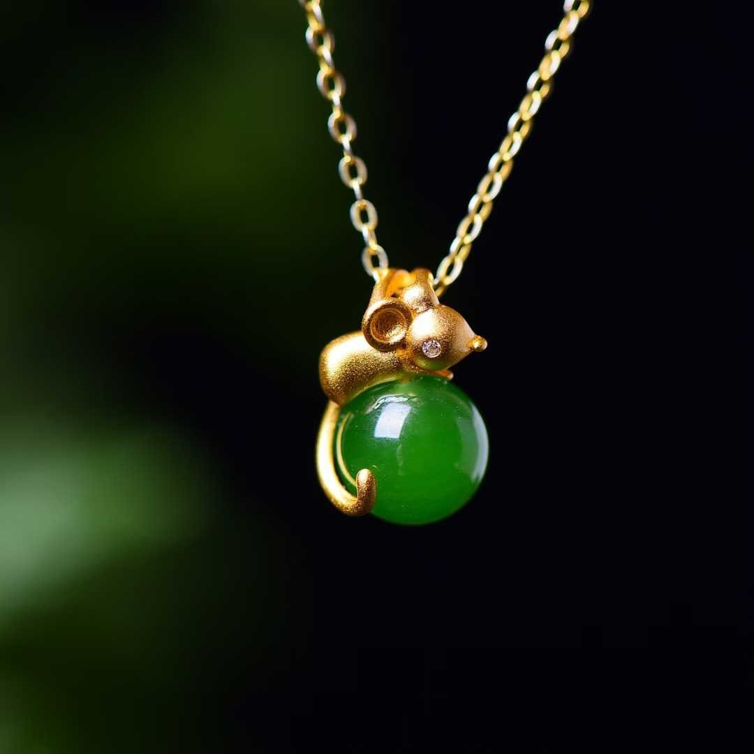 925 Sterling Silver Hetian Jade Rat Thick Matte Gold Plated Jewelry Set - Jewelry Weilin