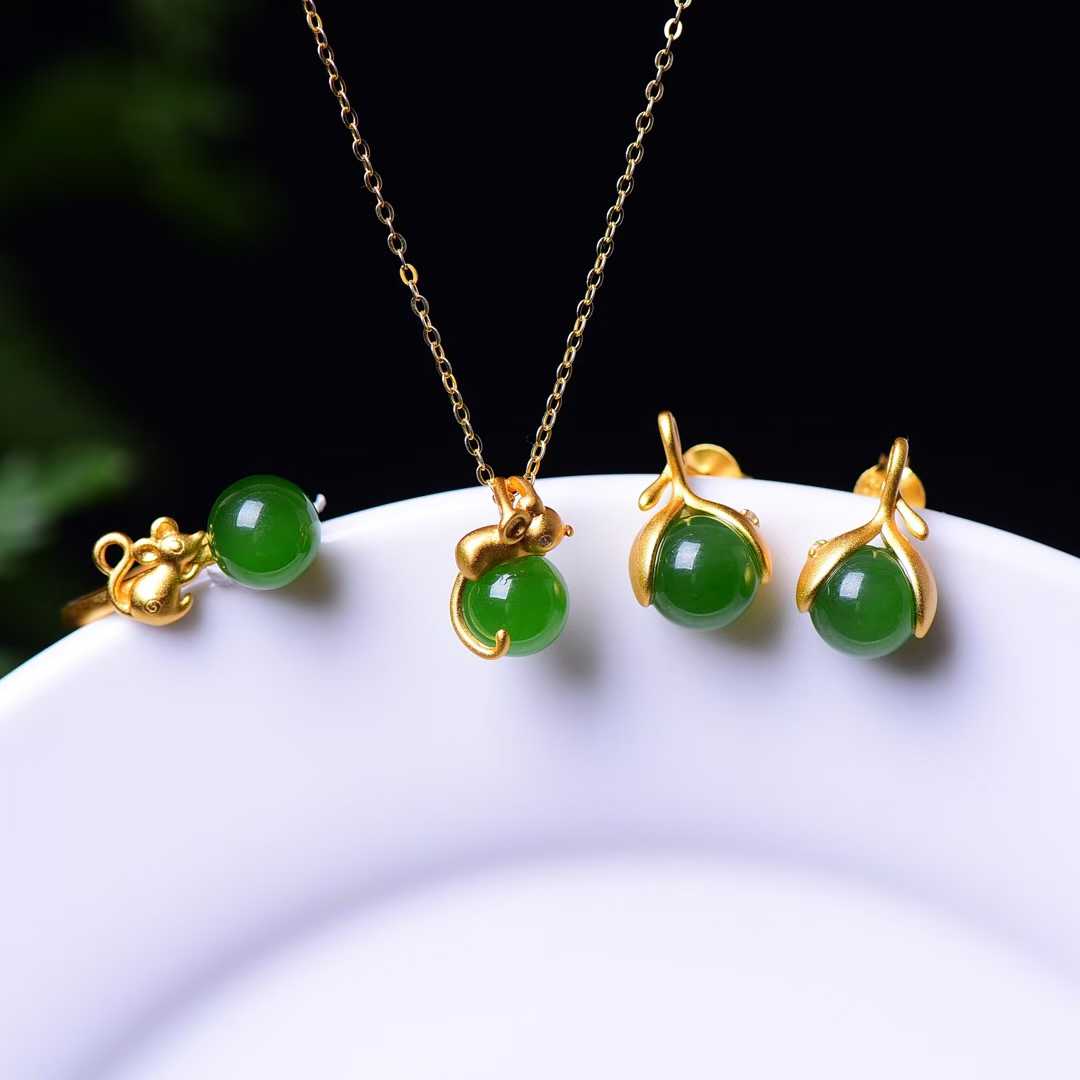 925 Sterling Silver Hetian Jade Rat Thick Matte Gold Plated Jewelry Set - Jewelry Weilin