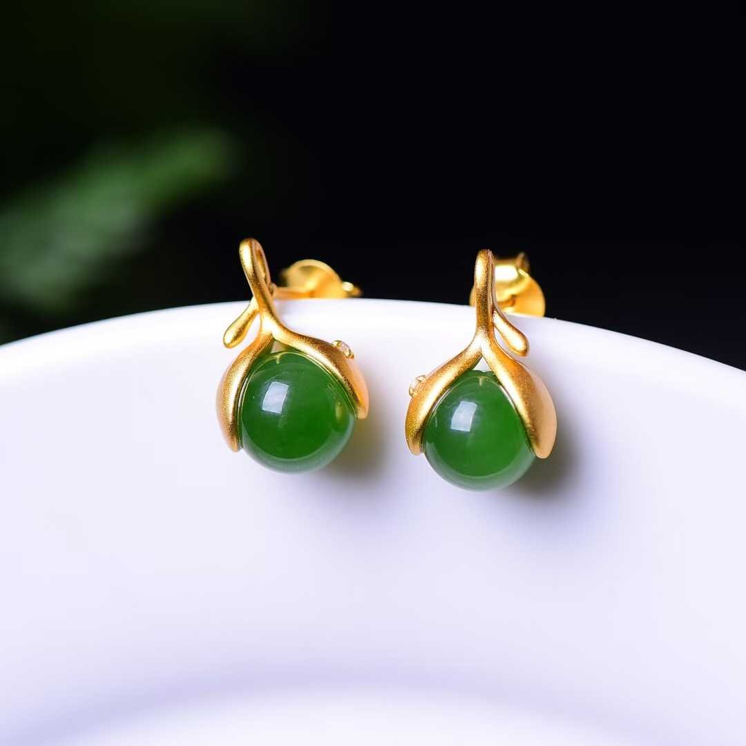 925 Sterling Silver Hetian Jade Rat Thick Matte Gold Plated Jewelry Set - Jewelry Weilin