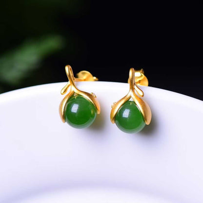 925 Sterling Silver Hetian Jade Rat Thick Matte Gold Plated Jewelry Set - Jewelry Weilin