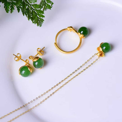 925 Sterling Silver Hetian Jade Rat Thick Matte Gold Plated Jewelry Set - Jewelry Weilin
