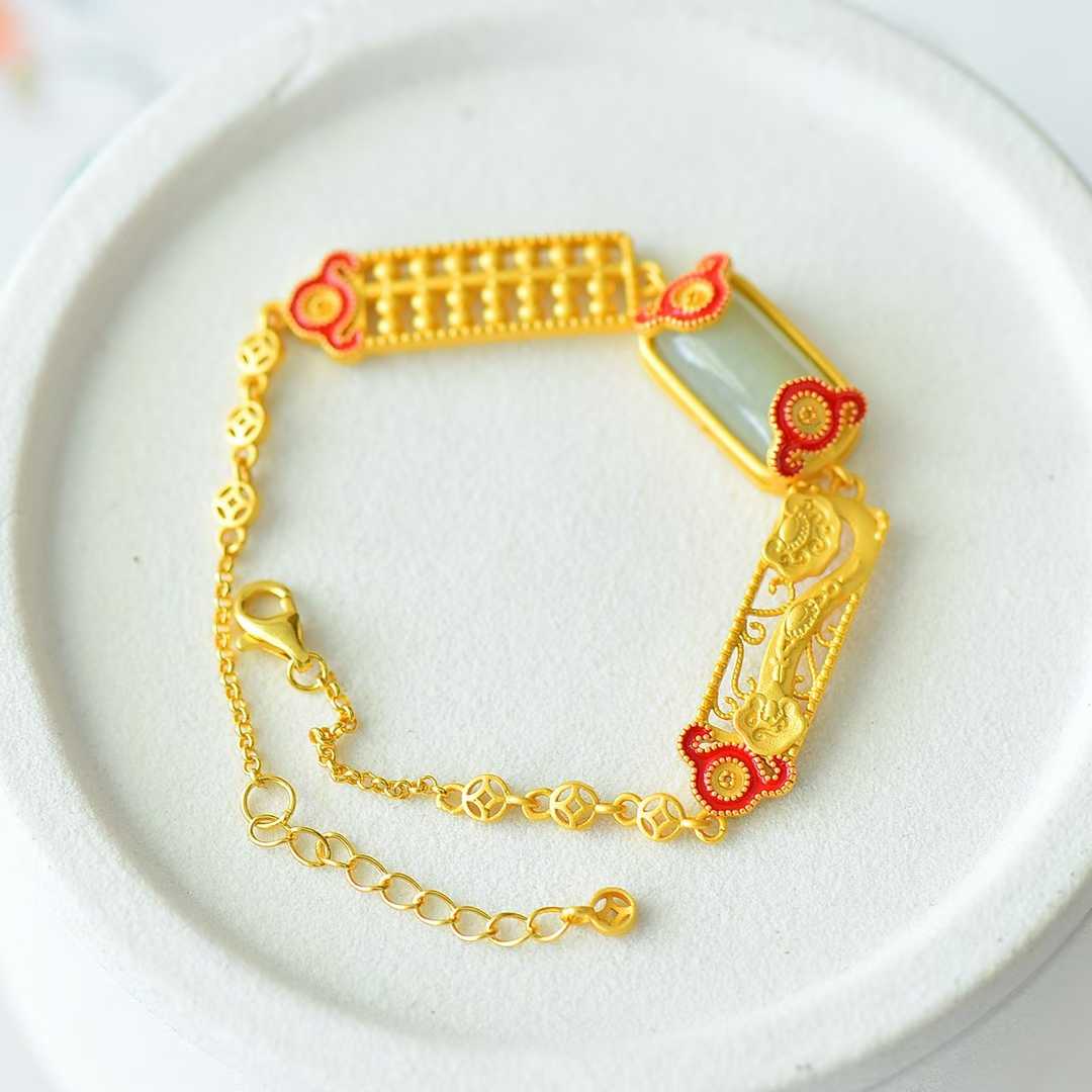 925 Sterling Silver Hetian Jade Saddle Ruyi Abacus Bracelet - Jewelry Weilin