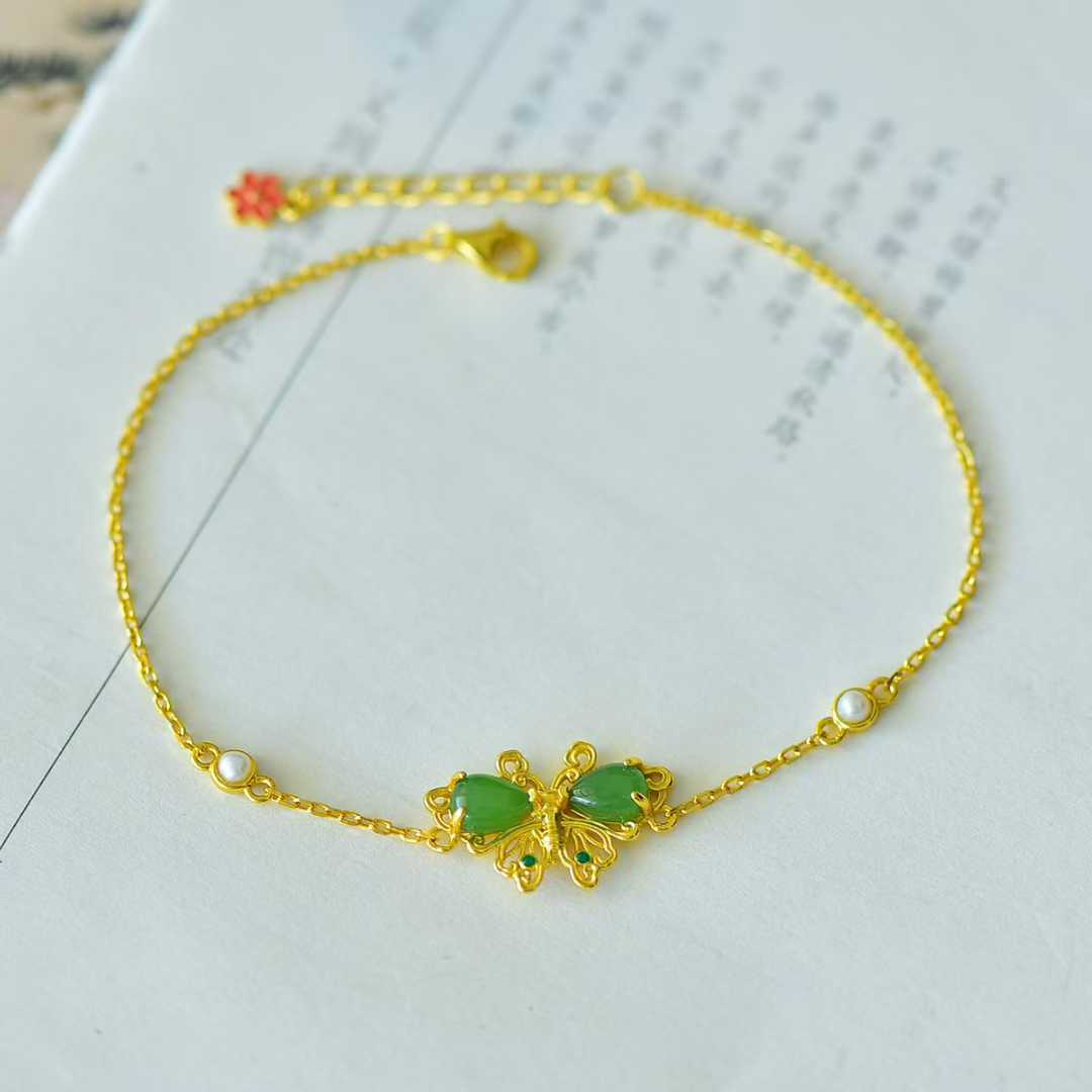 925 Sterling Silver Hetian Jade Teardrop Butterfly Bracelet - Jewelry Weilin